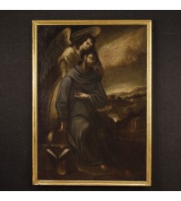 Antique Spanish religious painting St. Francis with angel from 17th century