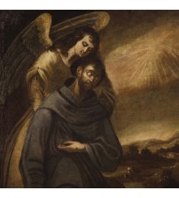 Antique Spanish religious painting St. Francis with angel from 17th century